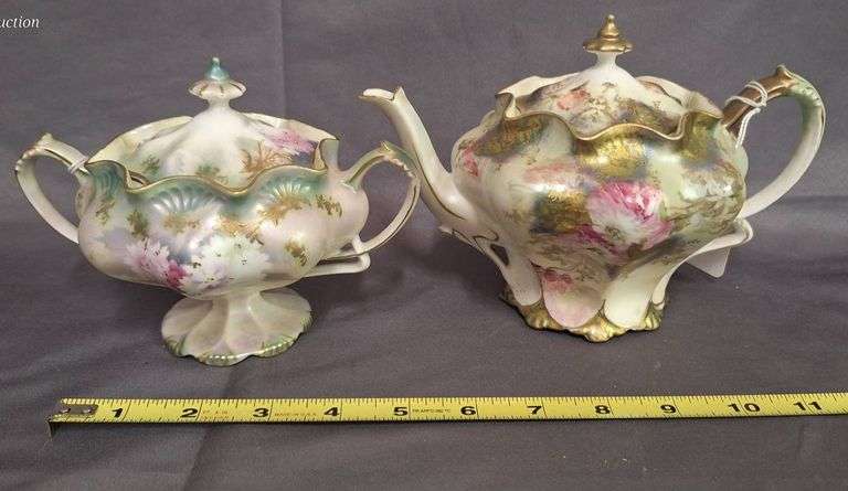 Porcelain Teapot and Red Star RS Prussia Sugar with Floral Motif and Gilded Accents