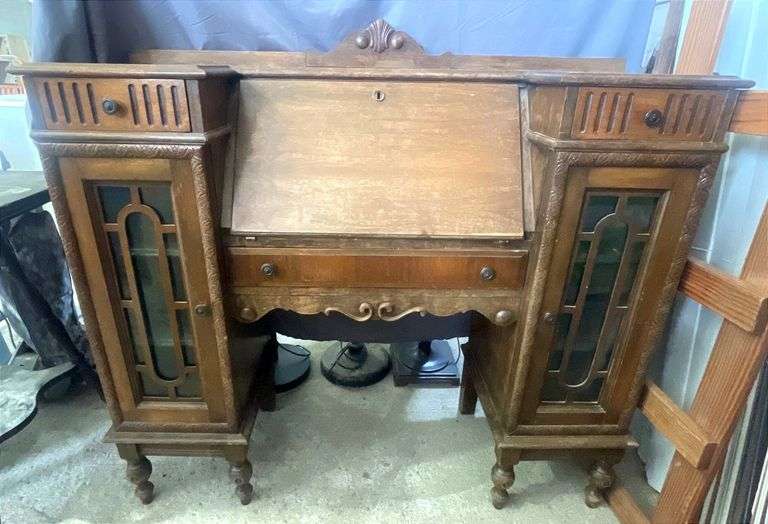 Ornate Drop-Front Secretary Desk with Glass-Panel Cabinets and Carved Details, 47x15x44