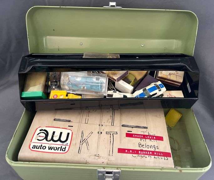 Metal Tool Box with Slot Car Components and Accessories