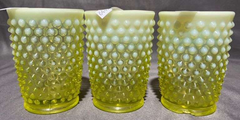 Three Vaseline Glass Hobnail Tumblers