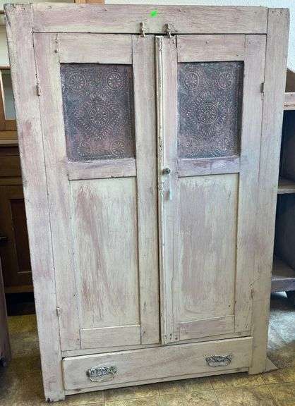 Two-Door Pie Safe with Metal Panels and Single Drawer 37x12x58″
