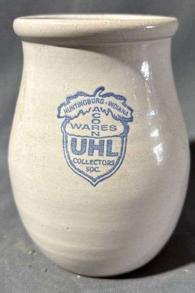 Uhl Collectors Society Stoneware Jar with Blue Logo, Huntingburg, Indiana 1996