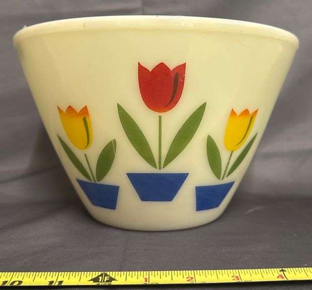 Three Fire-King Oven Ware Mixing Bowls with Tulip Motif