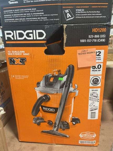RIDGID
12 Gallon 5.0 Peak HP NXT Shop Vacuum Wet Dry Vac with General Debris Filter, Locking Hose and Accessory Attachments