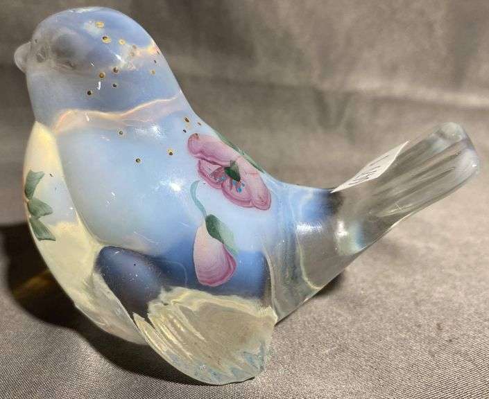 Fenton Art Glass Blue Bird Figurine With Floral Design