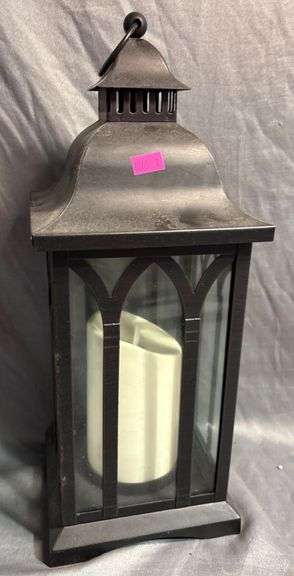 Metal Lantern with Glass Panels and Battery-Operated Candle 14″H