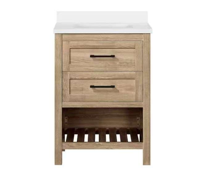 Home Decorators Collection
Autumn 24 in. Single Sink Weathered Tan Bath Vanity with White Engineered Stone Top