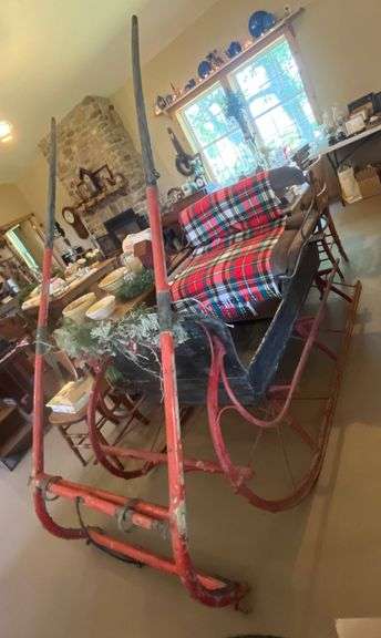 Horse-Drawn Sleigh with Red Wood and Metal Frame and Black Wood Body 30″ x 76″ x 42″