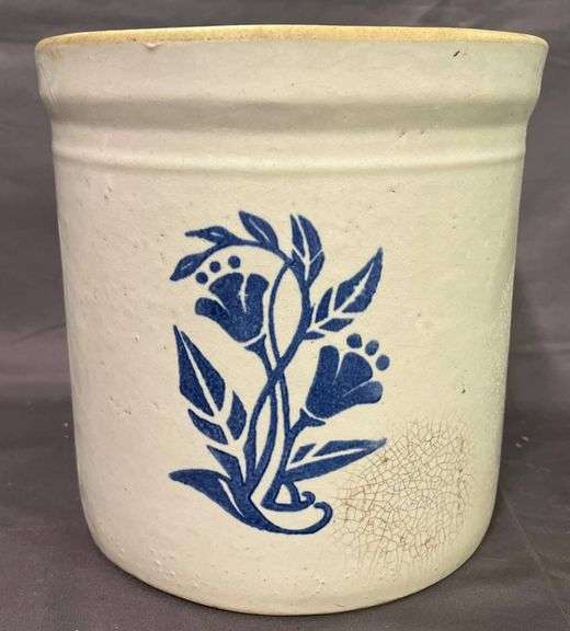 Stoneware Crock with Blue Floral Motif, 7 1/2×7 1/2 Inches