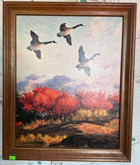 Framed Landscape Print Featuring Geese in Flight, 19×23