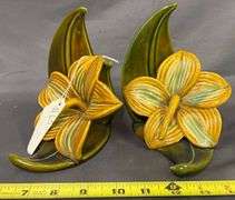 Royal Haeger Floral Bookends with Green and Yellow Glaze – has some chips