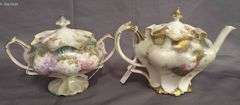 Porcelain Teapot and Red Star RS Prussia Sugar with Floral Motif and Gilded Accents