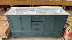 Home Decorators Collection
Merryfield 61 in. Double Sink Antigua Green Bath Vanity with White Carrara Marble Top top drawer does not open and has damaged back