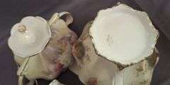 Porcelain Teapot and Red Star RS Prussia Sugar with Floral Motif and Gilded Accents