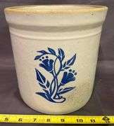 Stoneware Crock with Blue Floral Motif, 7 1/2×7 1/2 Inches