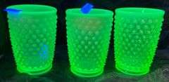 Three Vaseline Glass Hobnail Tumblers