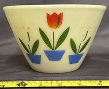 Three Fire-King Oven Ware Mixing Bowls with Tulip Motif