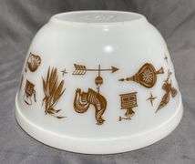 3 – Pyrex Nesting Mixing Bowls with Brown Farm-Themed Pattern