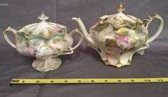 Porcelain Teapot and Red Star RS Prussia Sugar with Floral Motif and Gilded Accents