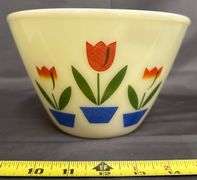 Three Fire-King Oven Ware Mixing Bowls with Tulip Motif