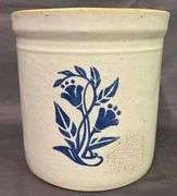 Stoneware Crock with Blue Floral Motif, 7 1/2×7 1/2 Inches
