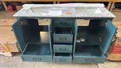 Home Decorators Collection
Merryfield 61 in. Double Sink Antigua Green Bath Vanity with White Carrara Marble Top top drawer does not open and has damaged back