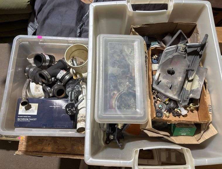 Automotive and Plumbing Parts in Plastic Storage Bins