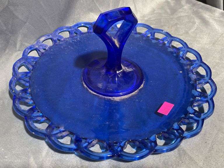 Cobalt Blue Glass Serving Tray with Openwork Rim and Handle