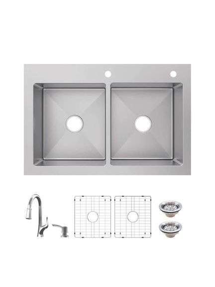 GLACIER BAY - Dolancourt Tight Radius 33 in. Drop-In 50/50 Double Bowl 18 Gauge Stainless Steel Kitchen Sink with Pull-Down Faucet