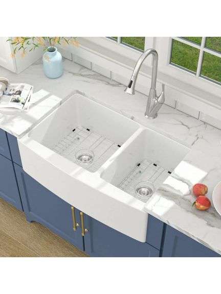 LORDEAR - 33 in. W x 21 in. D Ceramic White Double Bowl Farmhouse Apron Kitchen Sink with Grid and Strainer