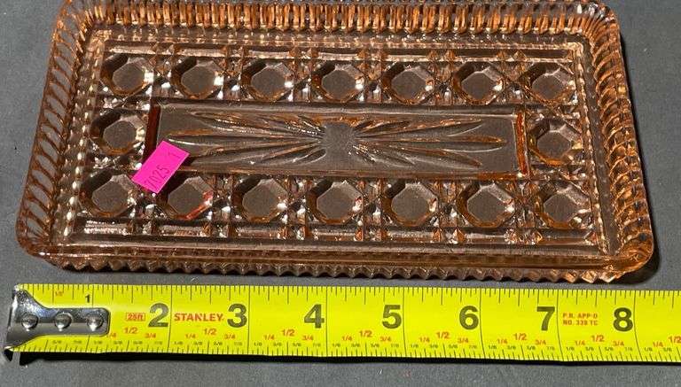 Pink Depression Glass Tray with Patterned Design, 8×4″