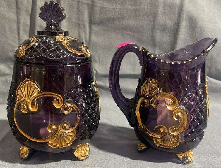 Amethyst Glass Footed Creamer and Sugar with Gold-Tone Accents, 5", 7"