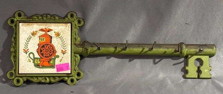 Metal Key-Shaped Wall Hook with Ceramic Tile Insert, 12” Long