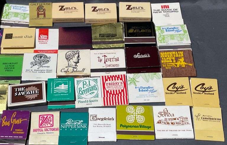 Matchbooks with Various Business Logos and Designs Including Cork’ N Cleaver, Arkansas State parks & Tippecanoe Place South Bend Indiana