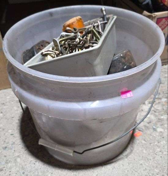Plastic Bucket Containing Hardware, Fixtures, and Various Items