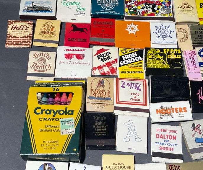 Matchbooks and Crayola Crayons Box Including Business Branding From: Robert Dalton for Warren County Sheriff, Hooters, Grandmas Country Store & The Halls Guesthouse Ft. Wayne, Indiana