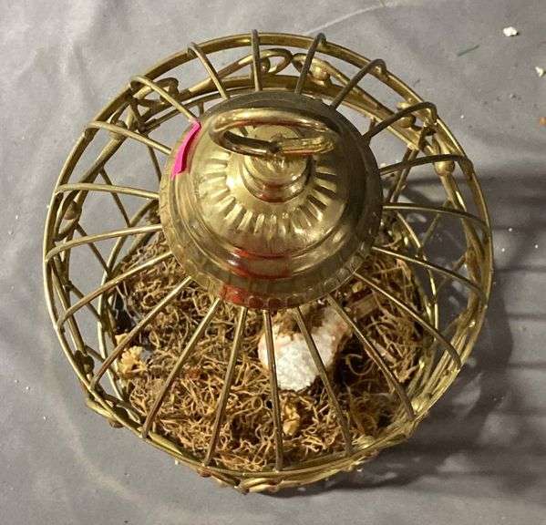 Black Textured Storage Box With Glass Knob Lid and Brass Wire Cage with Faux Nest