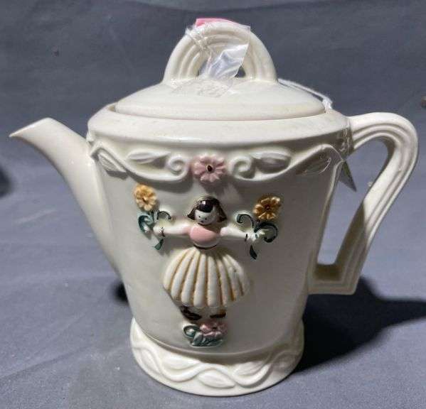 Porcelier Teapot with Embossed Floral and Girl Motif, 8×6″