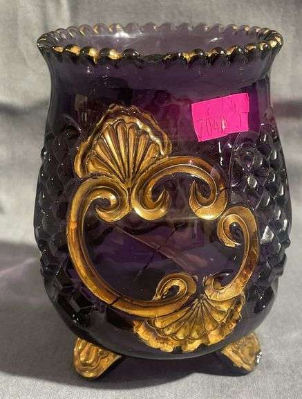 Purple Amethyst Glass Footed Spooner with Gold-Tone Embellishments, (chipped and cracked) 5″