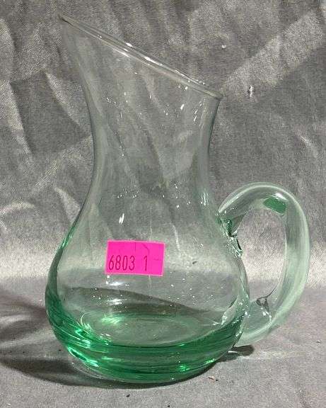 Green Glass Pitcher with Curved Handle, Approximately 4”x5”