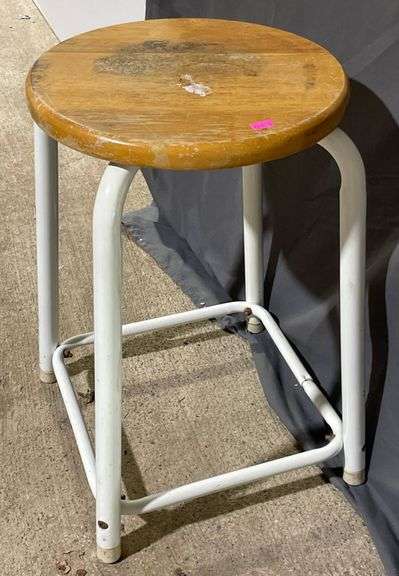 Round Stool with White Metal Frame and Wood Seat