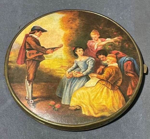 Round Brass Compact with Painted Scene and Dual Mirrors, 4″