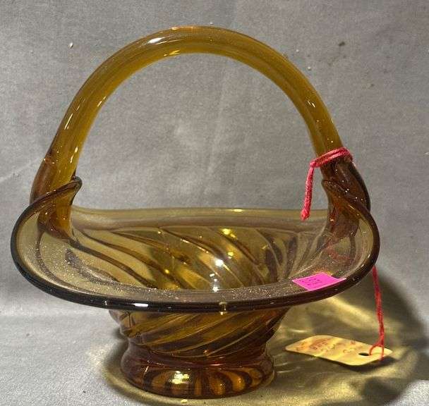 Amber Glass Basket with Swirled Base and Handle, 6x5x5″