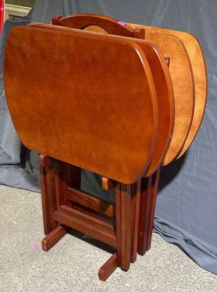 Folding Oval-Top Tray Tables with Stand, Set of 4