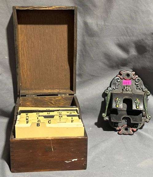 Wood Box with Index Cards and Wilton Cast Iron Matchbox Holder
