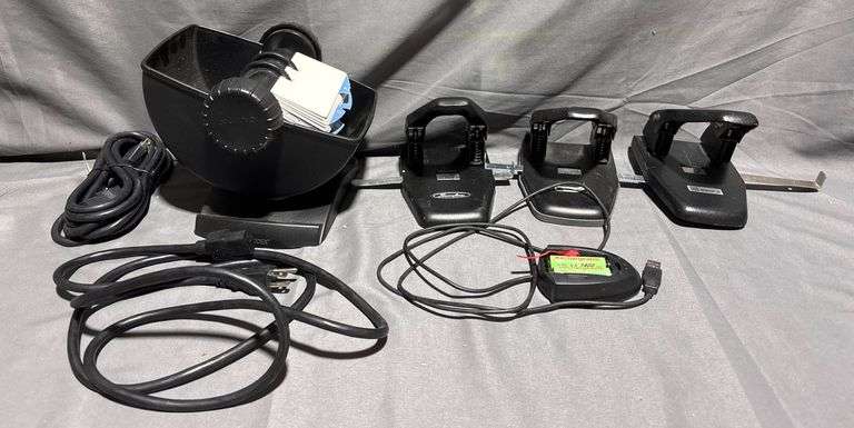 Office Equipment Lot Including Rolodex, Hole Punches, and Cables