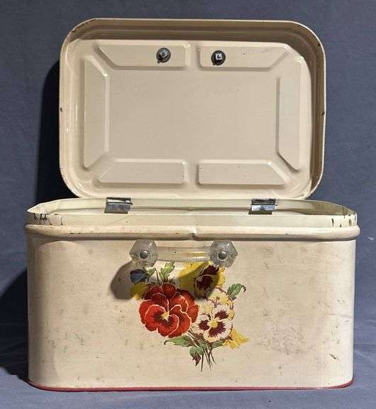 Metal Storage Box with Floral Design and Red Lid 14x10x8″