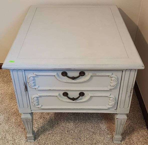 Painted Side Table with One Drawer and Carved Details, 22″ x 27″ x 21″