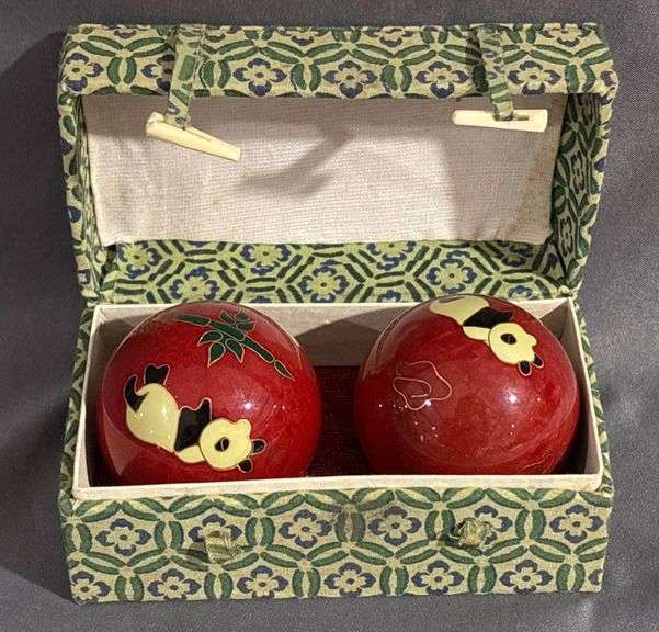 Cloisonné Health Balls in Decorative Box with Floral Motifs