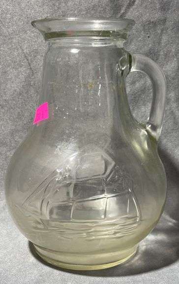 Glass Pitcher with Embossed Clipper Ship, 7” Tall